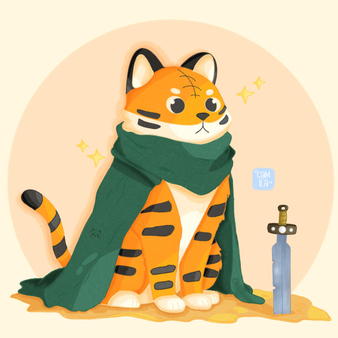 Knight Pythagoras A stylized orange tiger character wearing a dark green cloak sits beside a sword on sandy ground, framed by a soft beige circle and small gold sparkles.