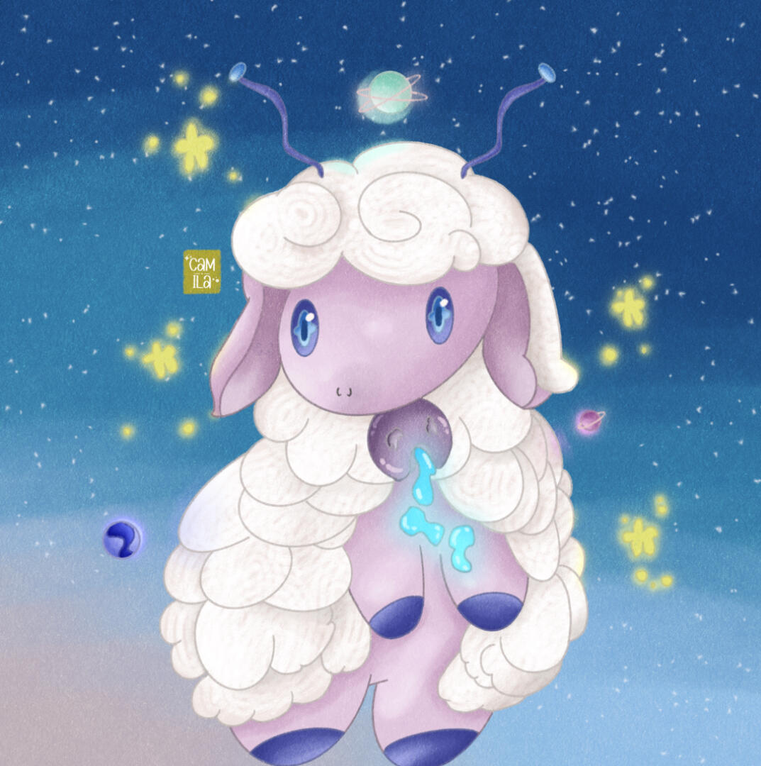 Celestial Sheep A whimsical digital illustration of a soft lavender sheep with fluffy white wool floating in a starry blue space scene, surrounded by glowing yellow stars and small planets.